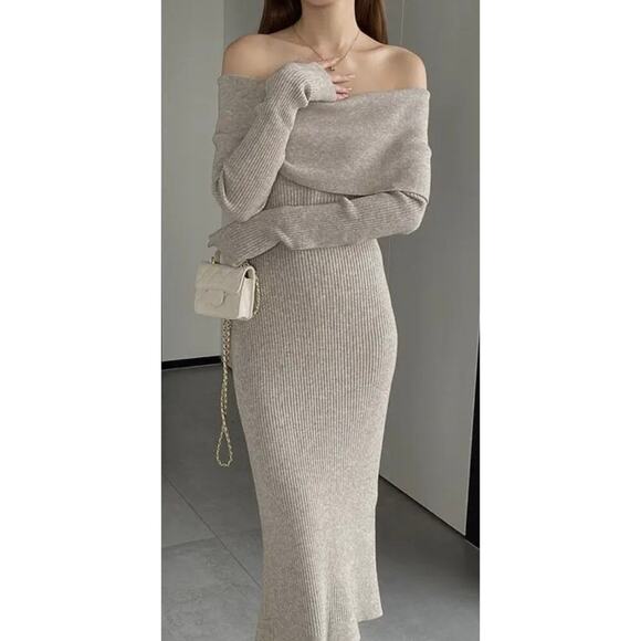 BODYCON LONG SLEEVE RIBBED OFF SHOULDER SWEATER DRESS - Picture 1 of 1